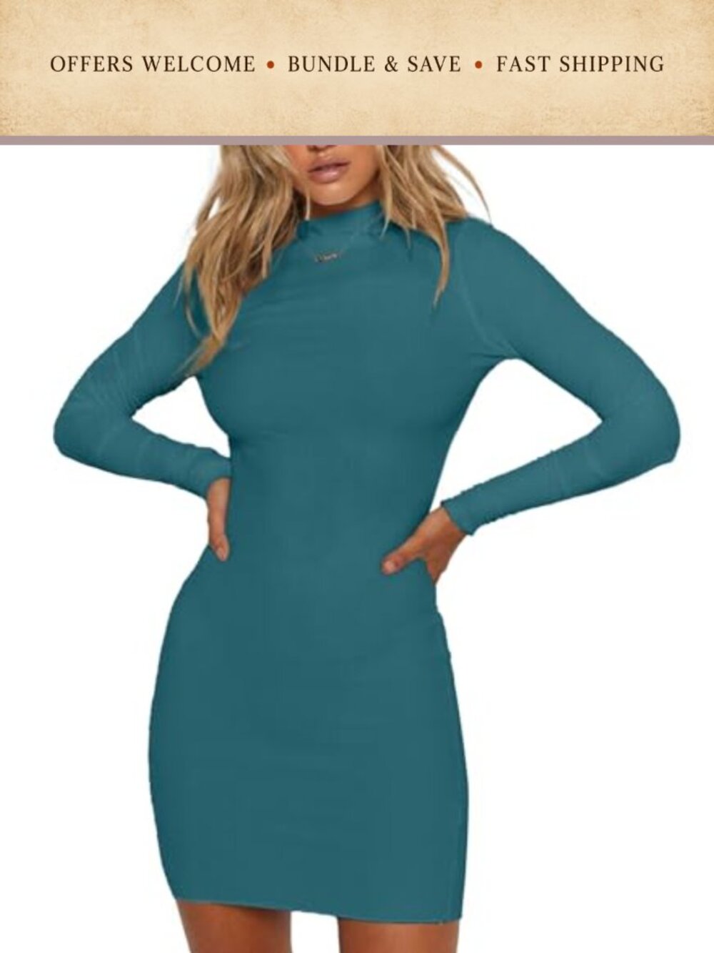 Women Mock Neck Ribbed Knit Bodycon Mini Pencil Dress Long Sleeve